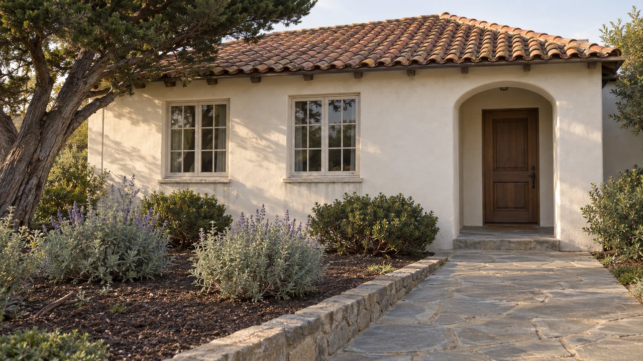 A pale stucco cottage with a weathered clay tile roof, arched oak entry, stone garden path and sculptural cypress tree.