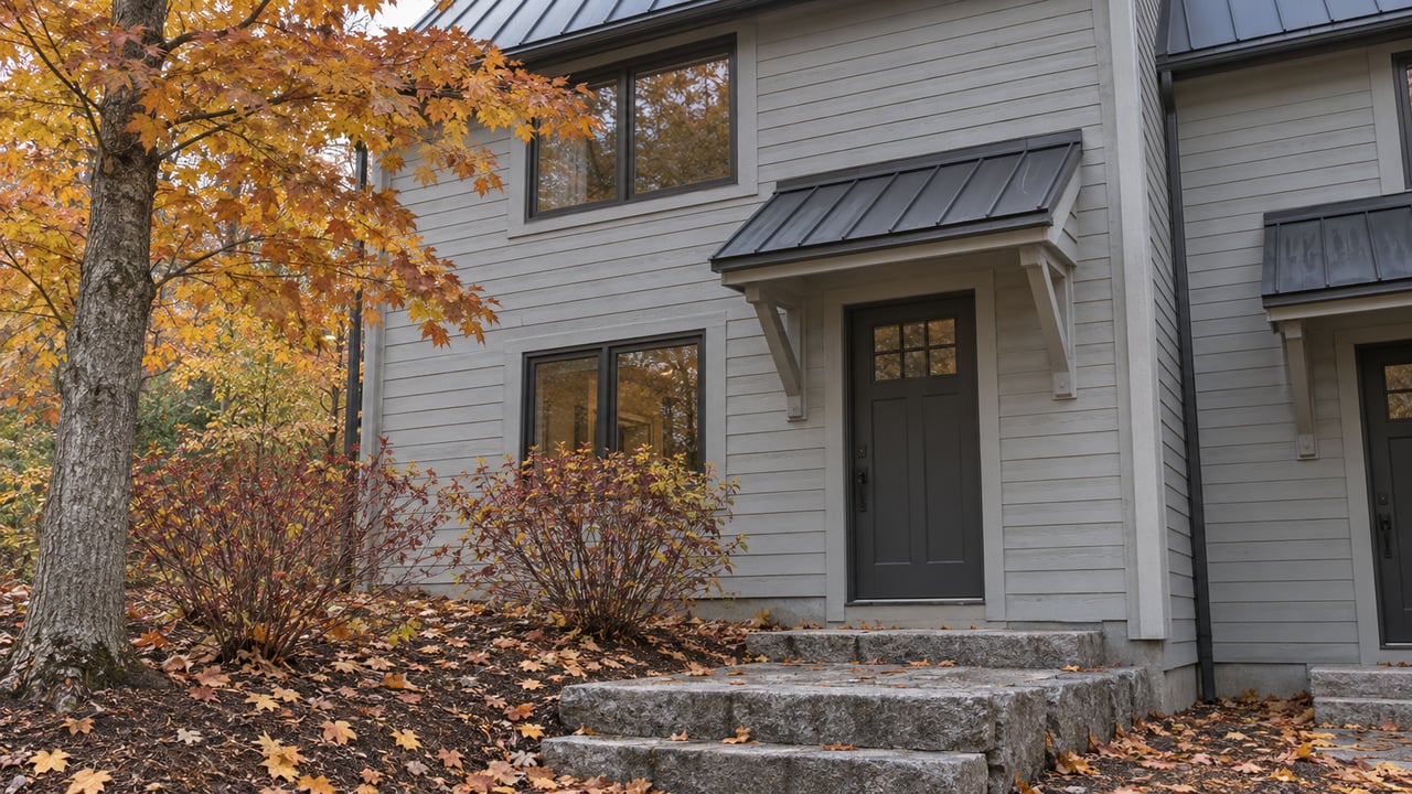 Pale-gray townhouse entrance with a bracketed rooflet, granite steps, and russet-gold maple leaves.