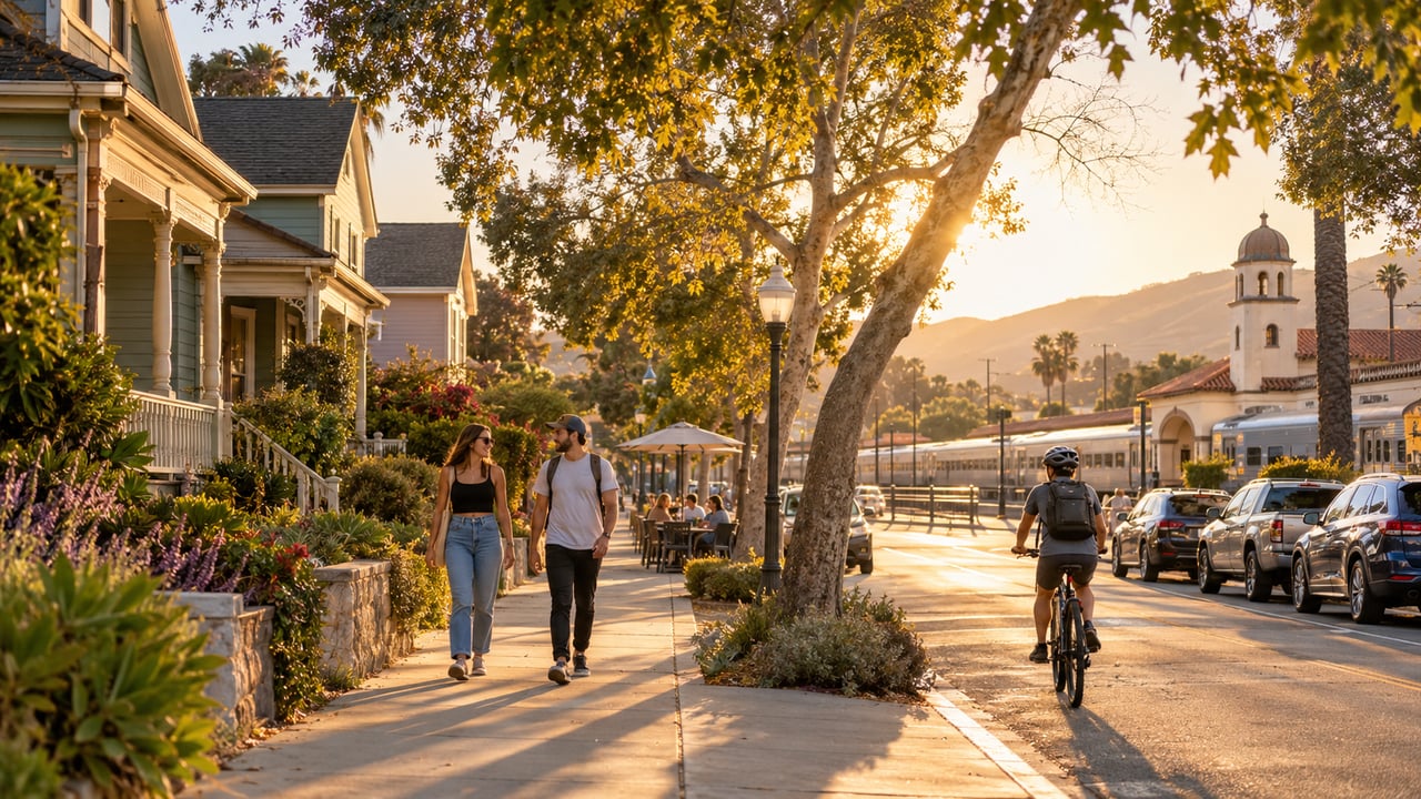 People walk and cycle along a tree-lined downtown street beside a train station at sunset.