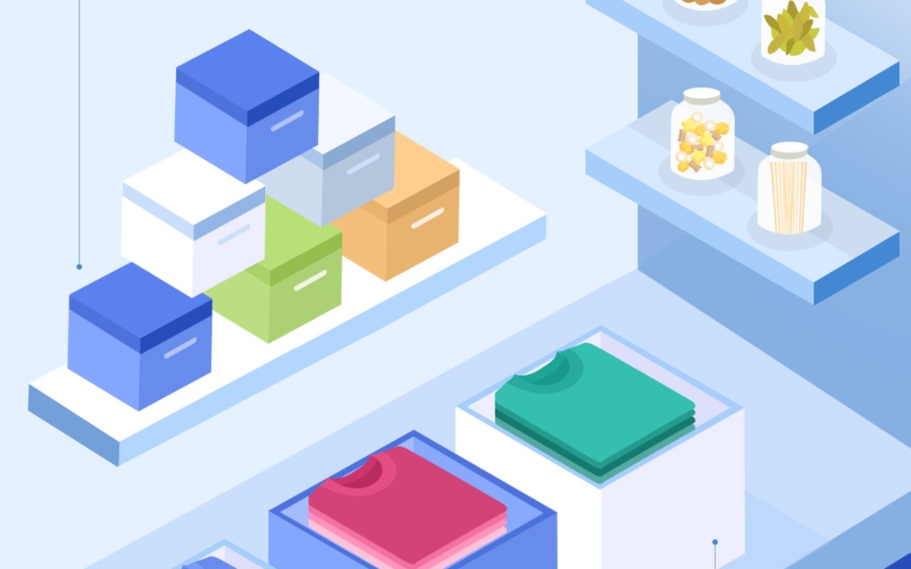 Organized shelves with colorful storage boxes, pantry jars, and folded clothes in open bins.