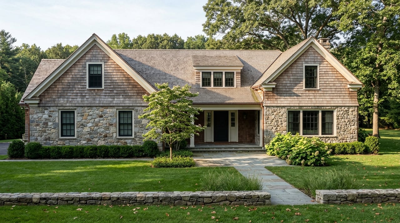 Stone-and-shingle estate house with two front gables, a covered porch, and a fieldstone wall across the lawn.