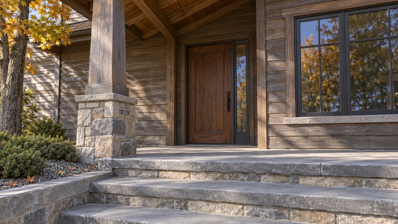 Autumn sunlight crosses sandstone entry steps beneath a cedar porch, beside a closed wood door and charcoal-framed window.