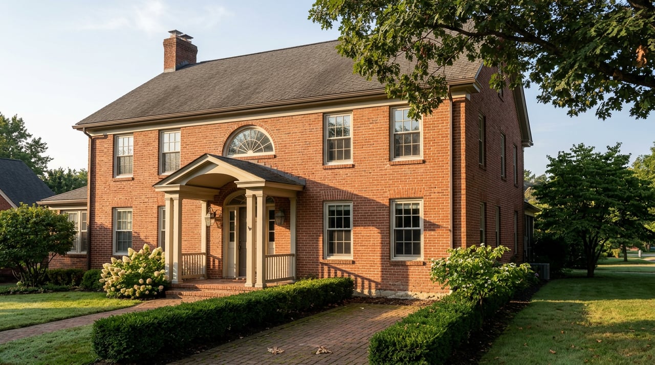 Two-story red brick Colonial with a columned porch, arched fanlight, and brick walkway beneath an oak canopy.