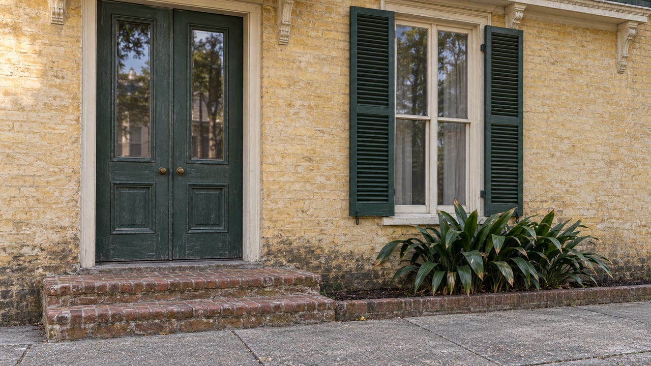 Pale ochre brick home with green glazed double doors, paired shutters, worn brick steps, and a small cast-iron plant bed beside the sidewalk.