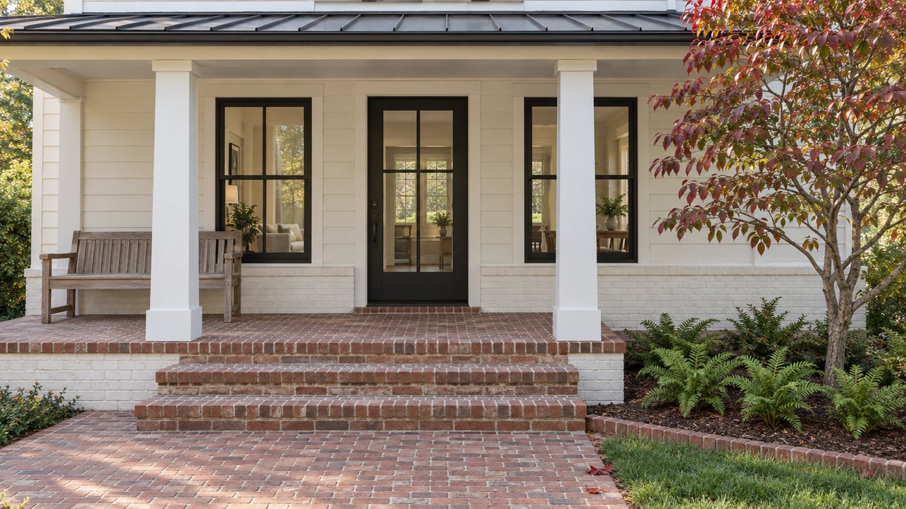 White-sided home with a covered brick entry, black-framed windows and a dogwood showing early autumn color.