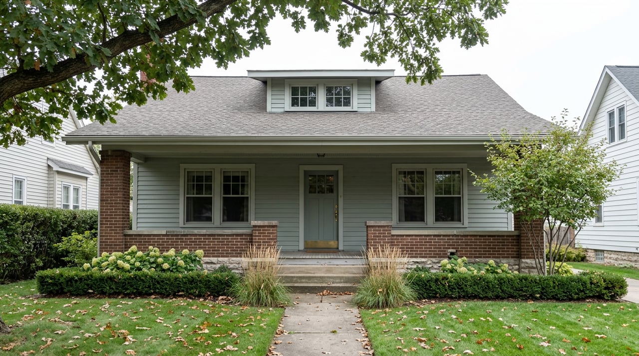 Craftsman bungalow with a full-width porch, brick piers, fieldstone foundation, and a mature oak arching overhead.