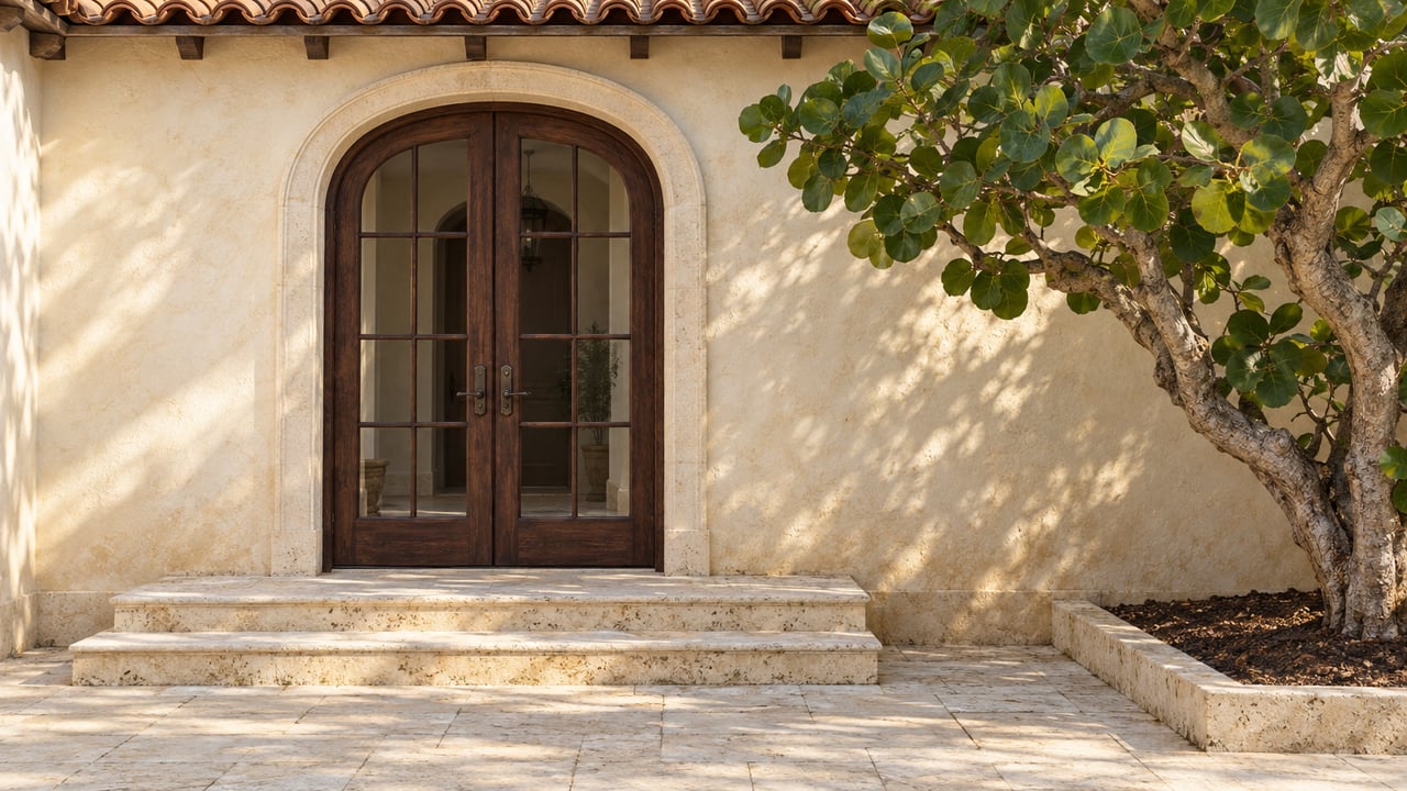 Cream stucco villa entrance with arched mahogany French doors, pale shell limestone steps and a sculptural sea grape tree.