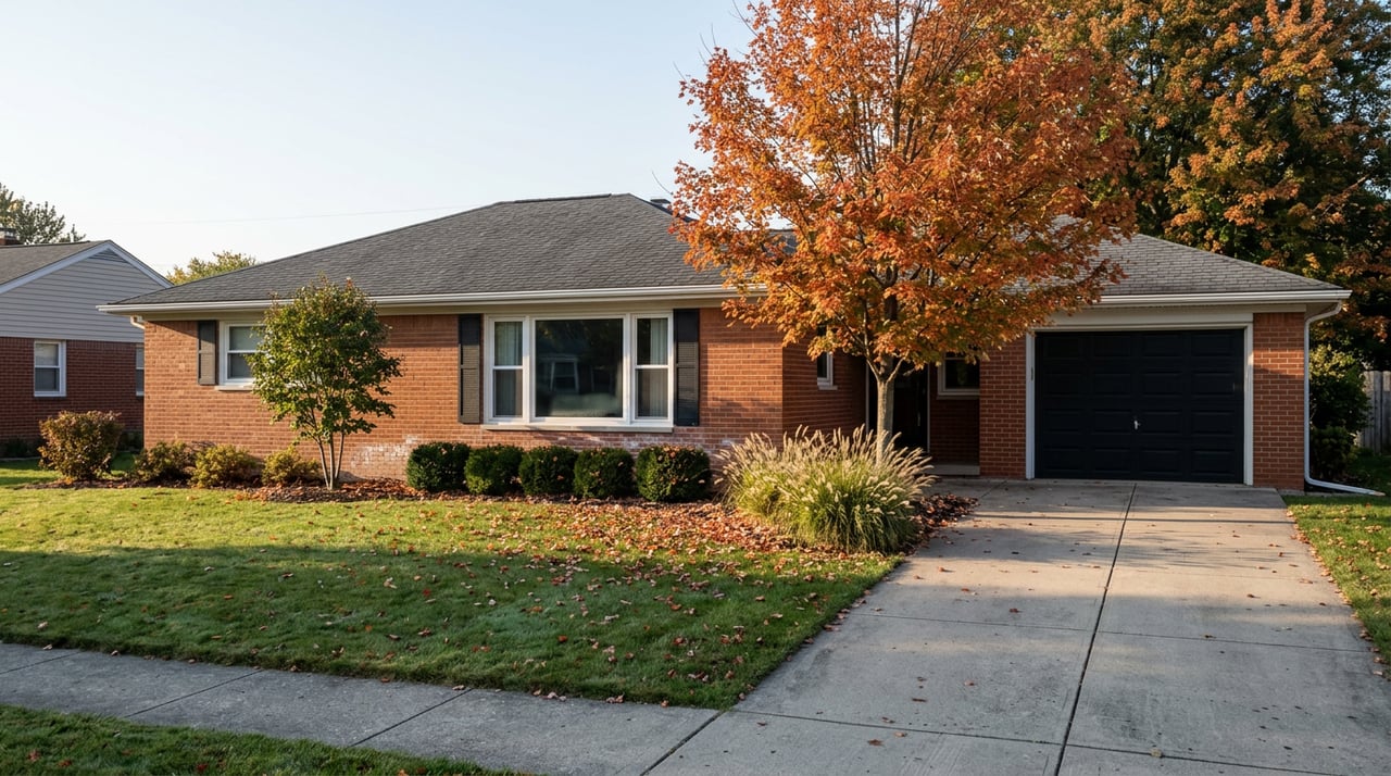 Brick ranch home with an orange-red maple, white-trimmed picture window, and broad front lawn.