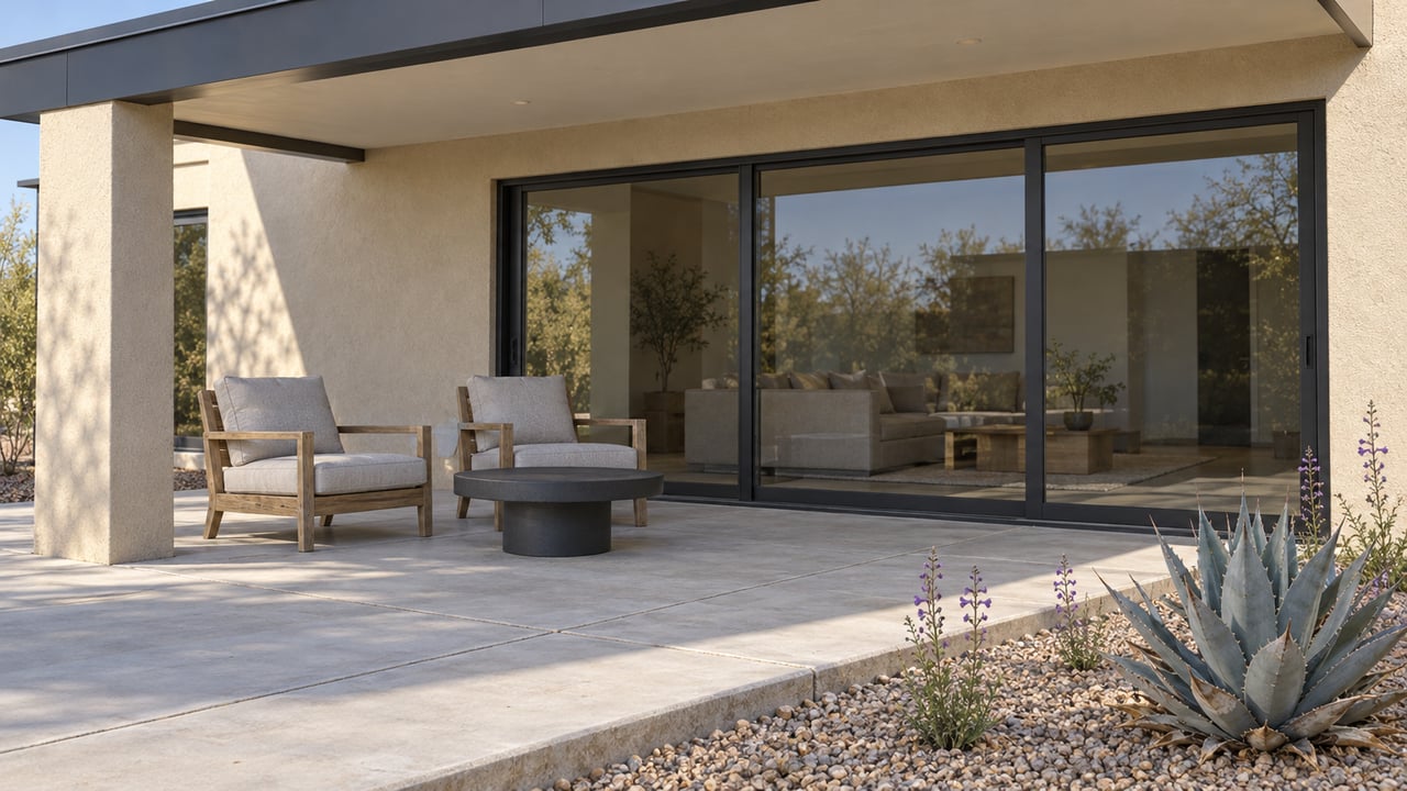 Cream stucco home with a shaded concrete terrace, teak chairs, dark-framed glass doors and a blue-gray agave in an edged gravel bed.