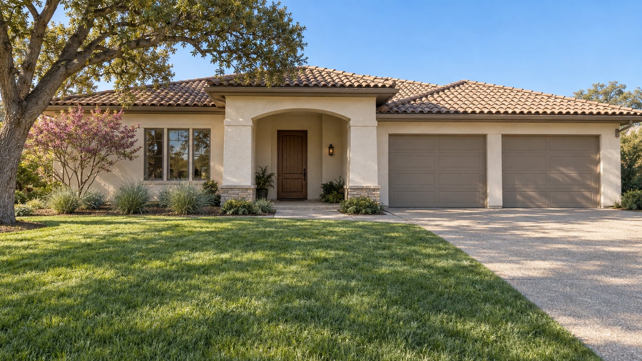 Single-story cream stucco home with a low tile roof, arched entry, deep green lawn and a mature branching oak in clear afternoon light.