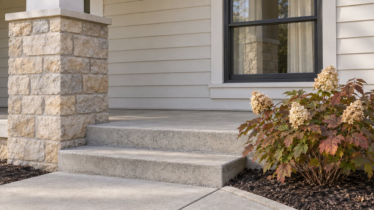 Close view of a home's limestone porch pier, white lap siding, charcoal-framed window and concrete steps beside an oakleaf hydrangea.