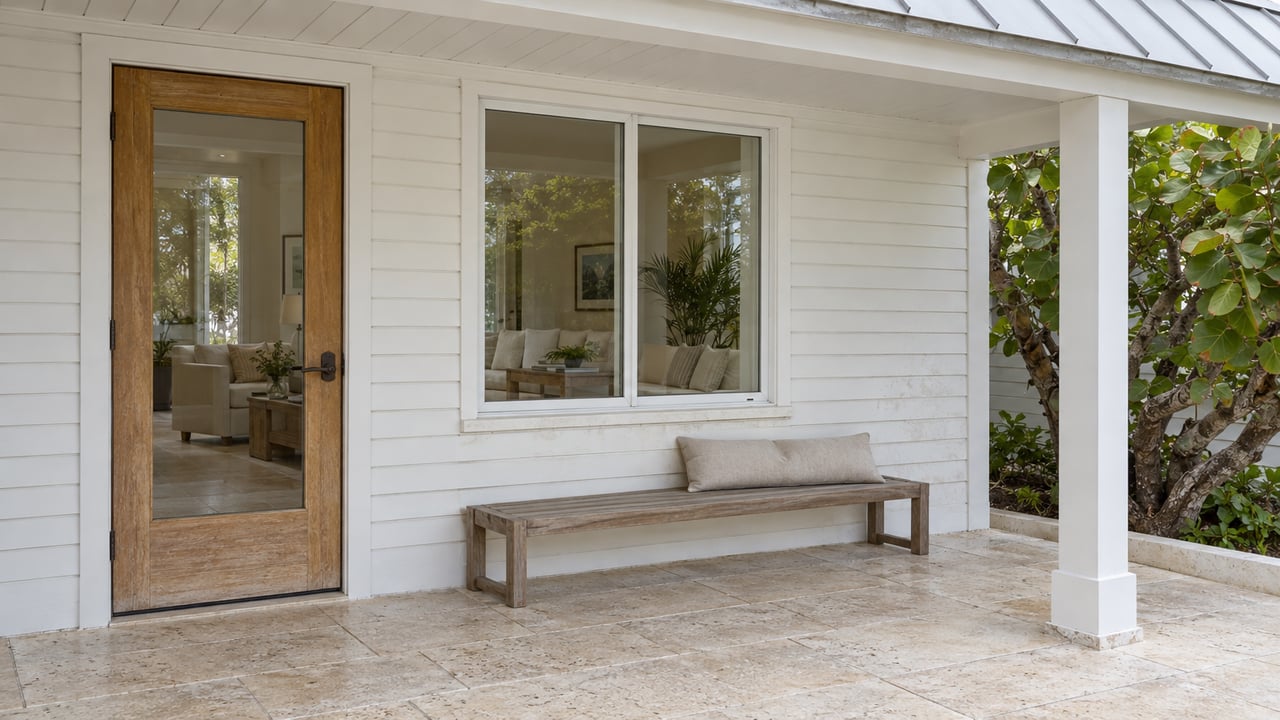 White clapboard home with a sheltered limestone porch, glazed wood entry, silvered teak bench, and a sculptural sea grape tree.
