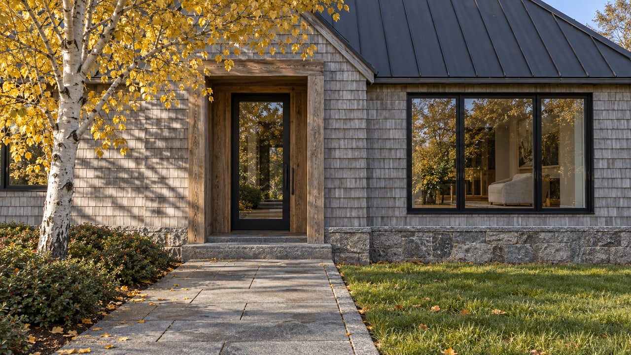 Golden leaves frame a gray-shingled home with a timber entrance, black-framed windows and a granite garden path.