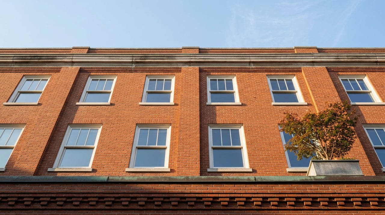 Brick residential building’s upper floors and corbelled cornice, with a red-green Japanese maple in a rooftop planter.