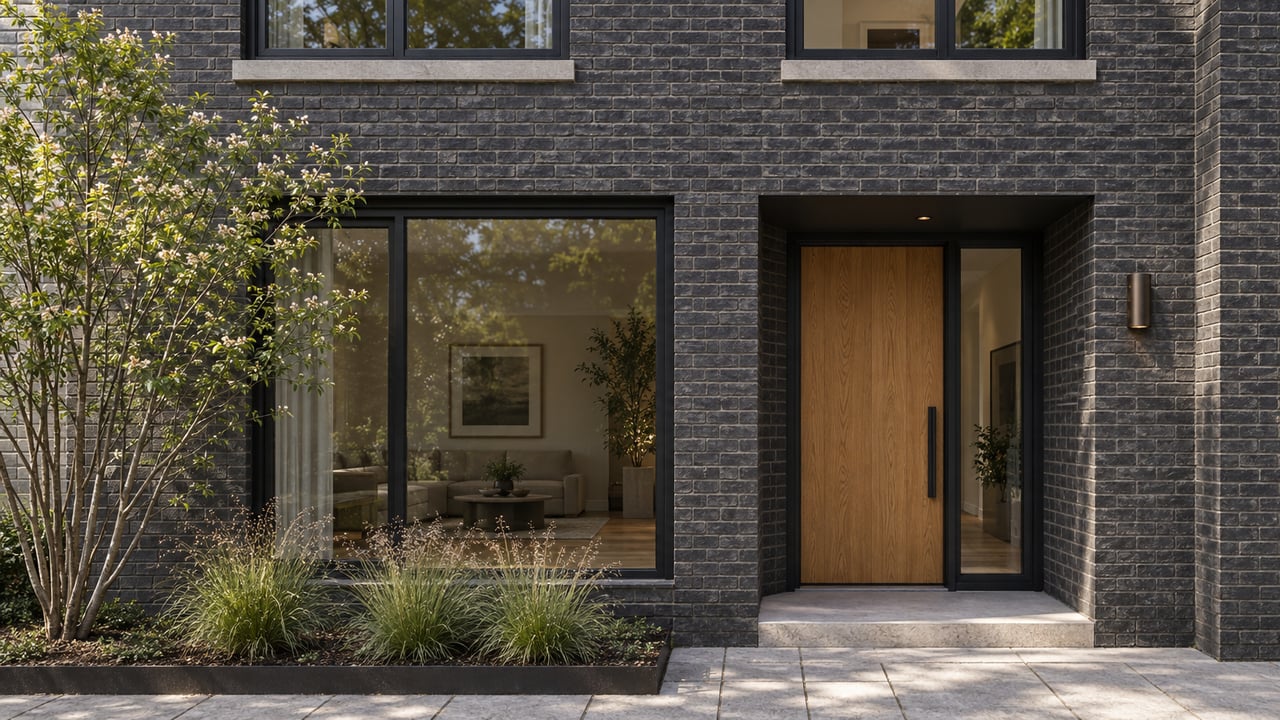 Charcoal-brick residence with a recessed oak door, black-framed windows, and a narrow bed of grasses and multi-stem tree.