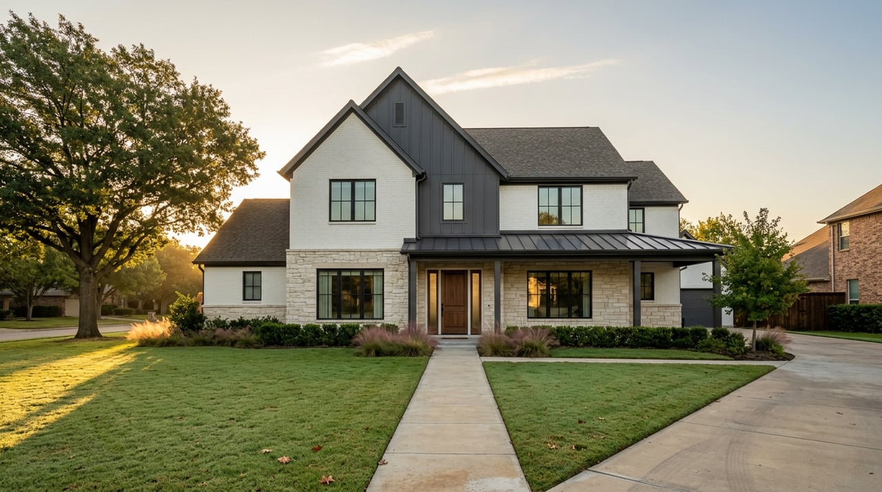 Two-story white brick and stone home with a charcoal gable, oak-shaded lawn, and concrete walkway.