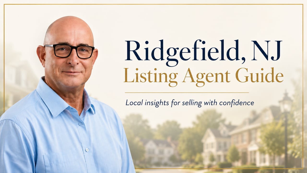 Ridgefield, NJ Listing Agent Guide graphic with a portrait of a man in glasses.