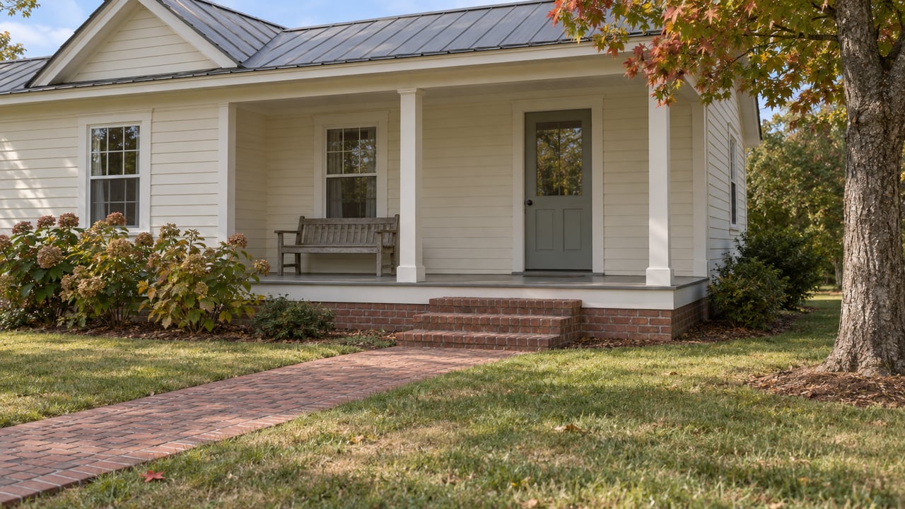 Cream clapboard home with a metal roof, low covered porch, brick steps, and an autumn maple beside the lawn.