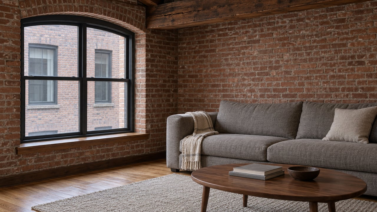 Brick-and-timber condominium living room with an arched steel window, wool sofa, oak flooring and walnut coffee table.