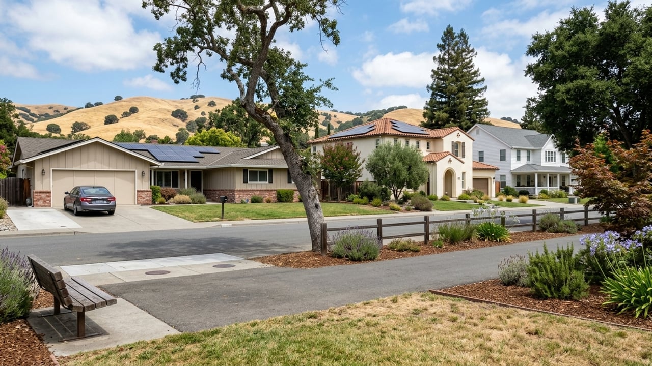 Residential street with detached homes, mature trees, and rolling golden hills behind them.