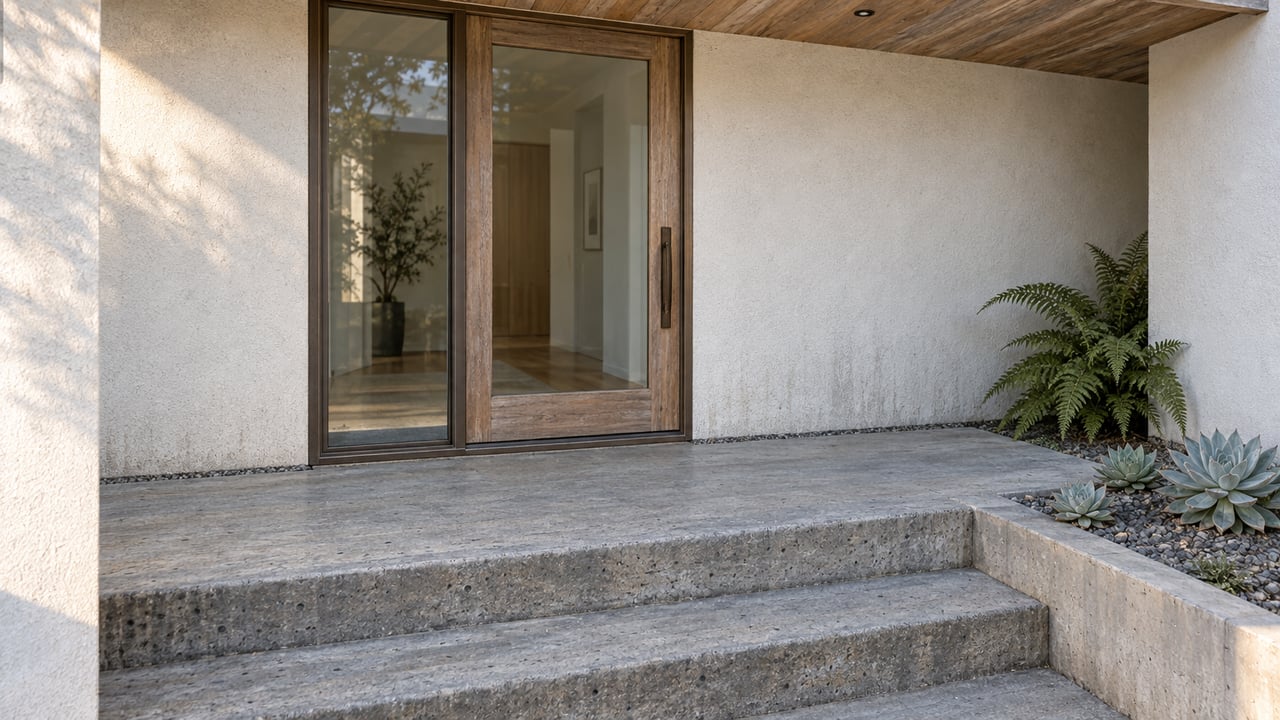 Sheltered glazed home entrance with weathered cedar, pale stucco, concrete steps and a small planted pocket.