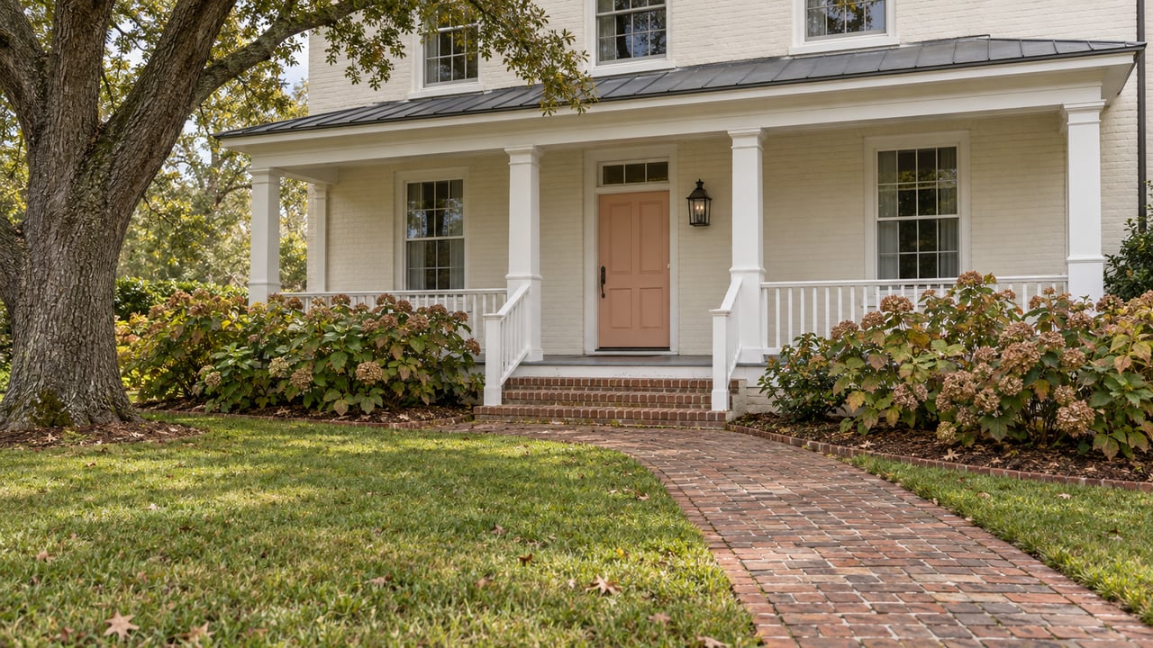 Cream-painted brick house with a peach front door, white covered porch, deep lawn and a mature live oak.