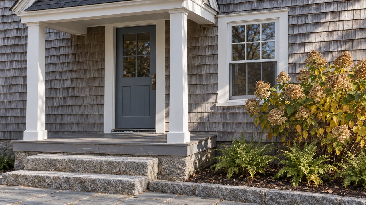 Weathered cedar-shingle cottage entry with white porch posts, a blue-gray door, granite steps and tawny hydrangea flowers in afternoon light.