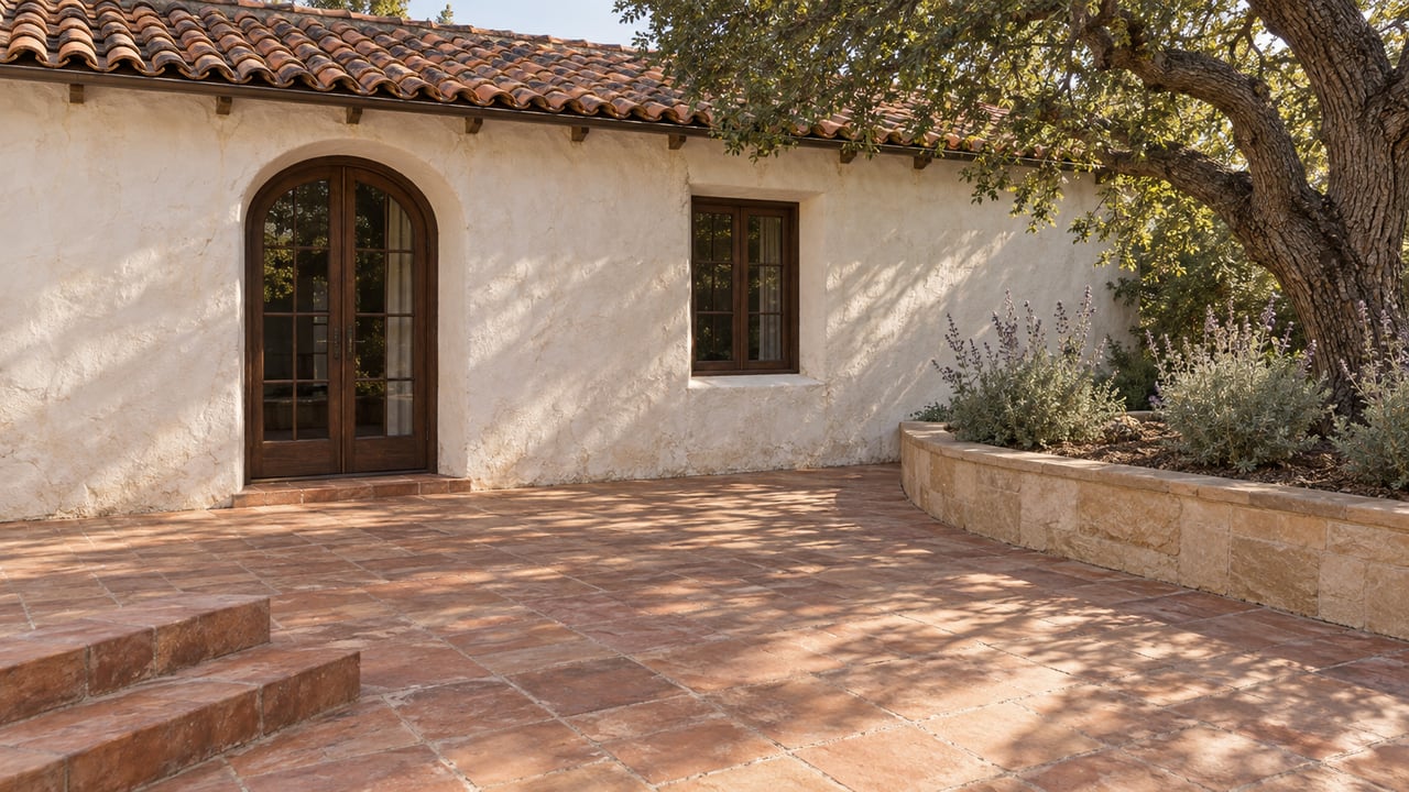Sunlit terracotta courtyard facing a white stucco guest wing with clay roof tiles, an arched wooden glass door, and a mature oak in a raised sandstone planter.