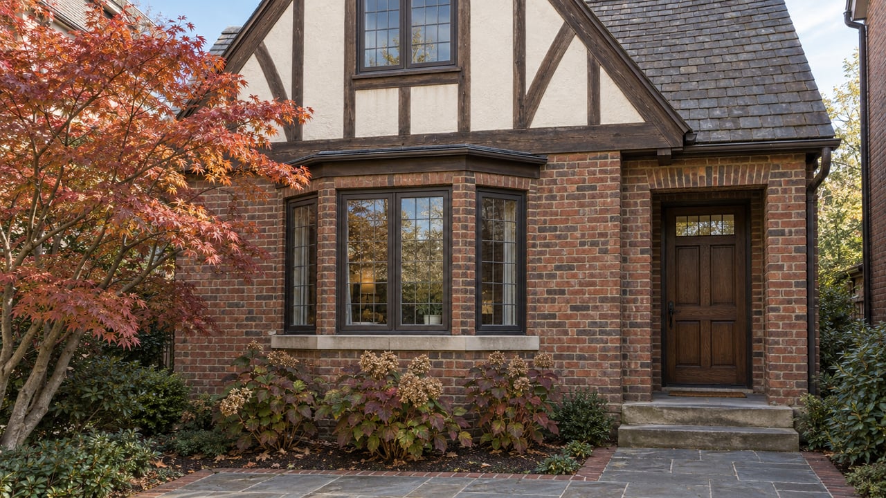 Traditional half-timbered home with leaded windows, a bluestone approach and copper-red autumn foliage in clear morning light.