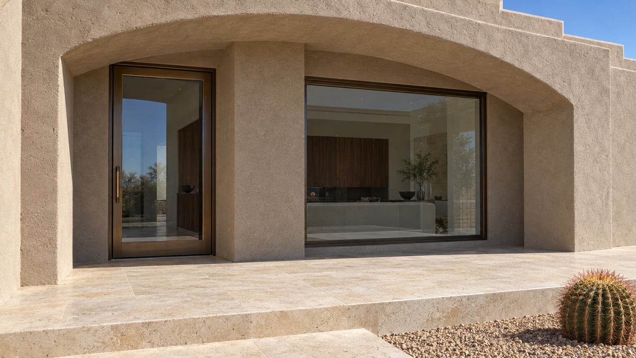 Sunlit sand-colored stucco arch above a bronze-framed glazed entry, with a limestone landing and a single barrel cactus in gravel.