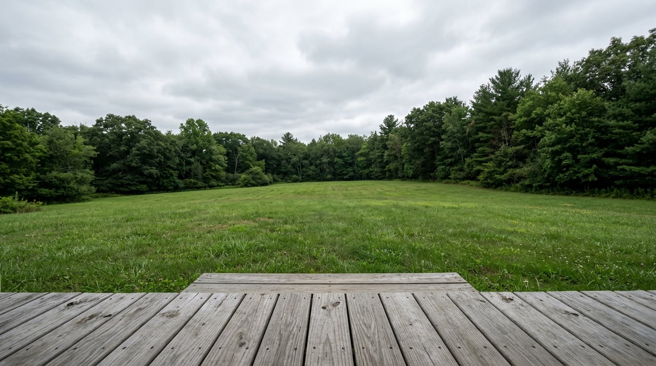 Empty wooden rocking chair on a raised porch overlooking a deep lawn and mature tree line.