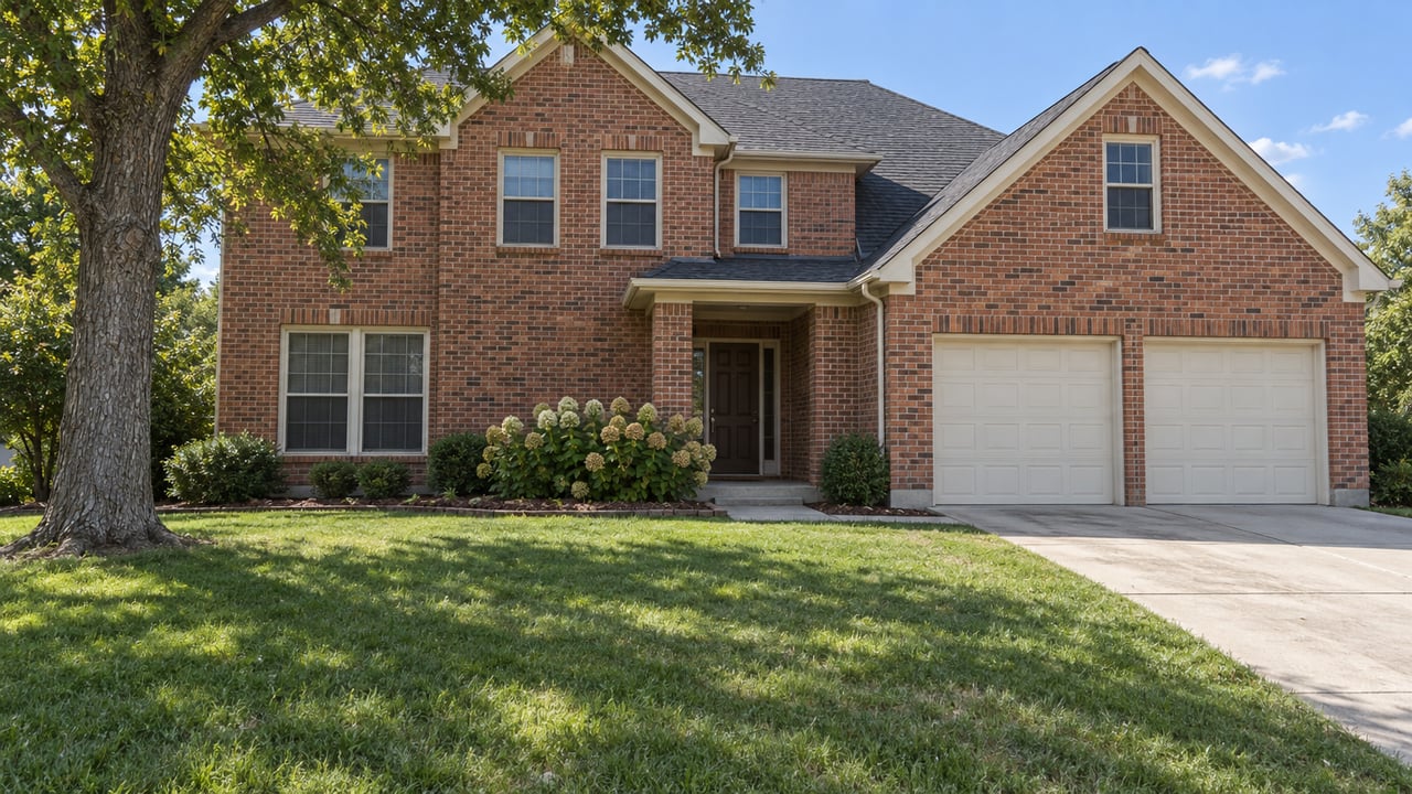 Two-story red brick home with cream trim, a broad lawn, a mature oak and a concrete entry walk in clear daylight.