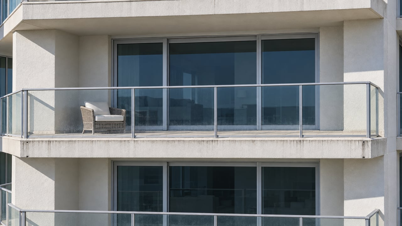 Two stacked balconies on a white concrete condominium, with blue-tinted sliding doors, glass balustrades and pale stone floors in clear daylight.