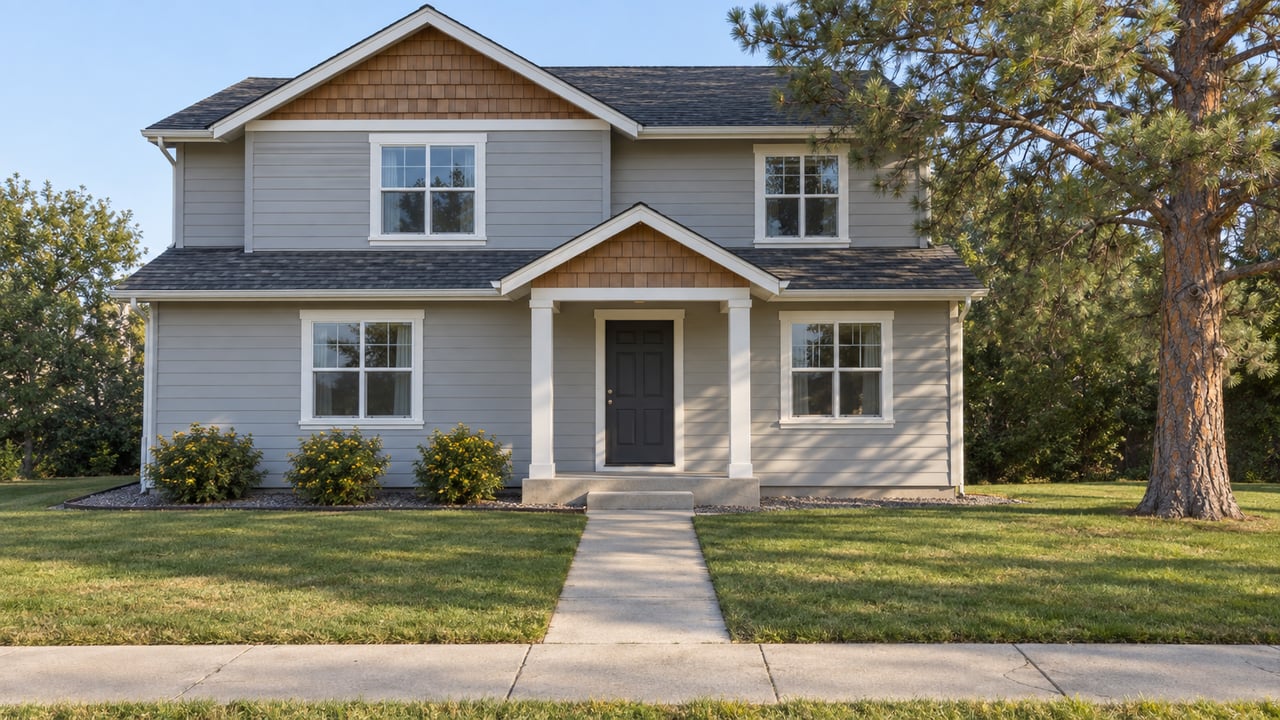 A light-gray two-story house with cedar gable shingles, a small covered porch and a deep lawn in morning light.
