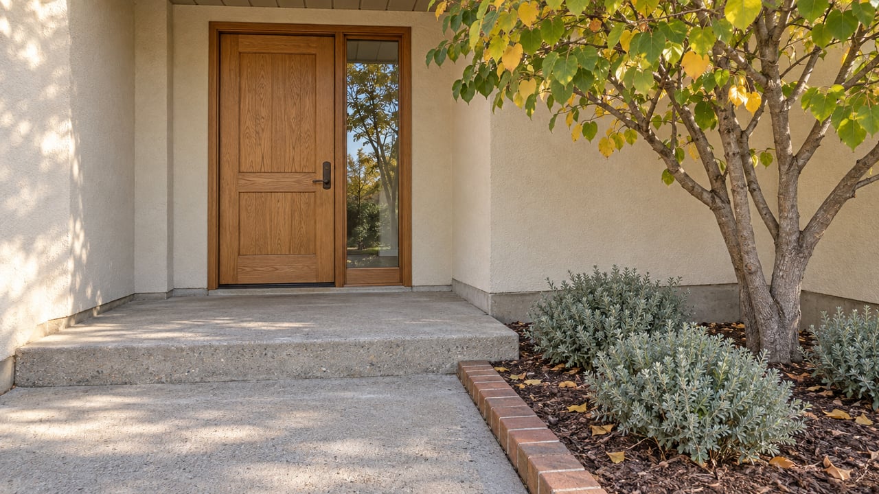 Sunlit stucco home entry with a timber door, concrete steps and a brick-edged bed of western redbud and Cleveland sage.