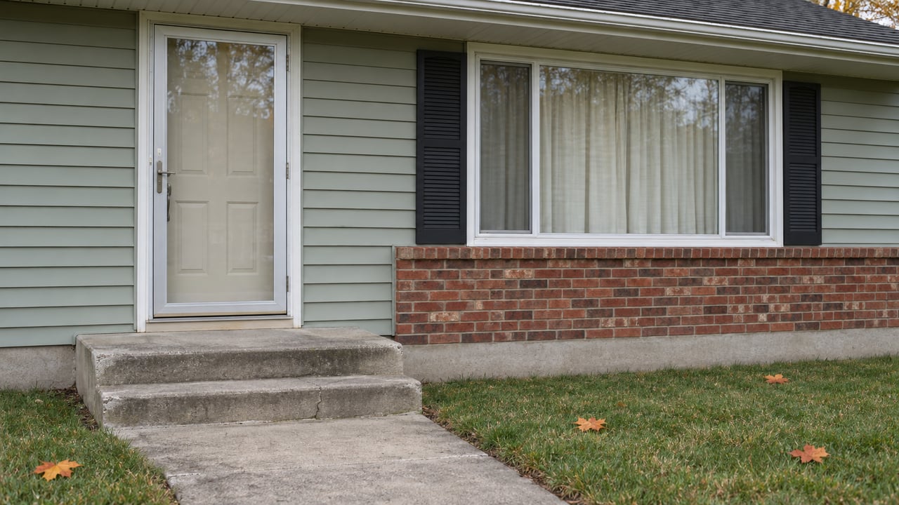 A sage-sided ranch entrance with a glazed storm door, weathered concrete steps, brick veneer and a few orange maple leaves on the autumn lawn.
