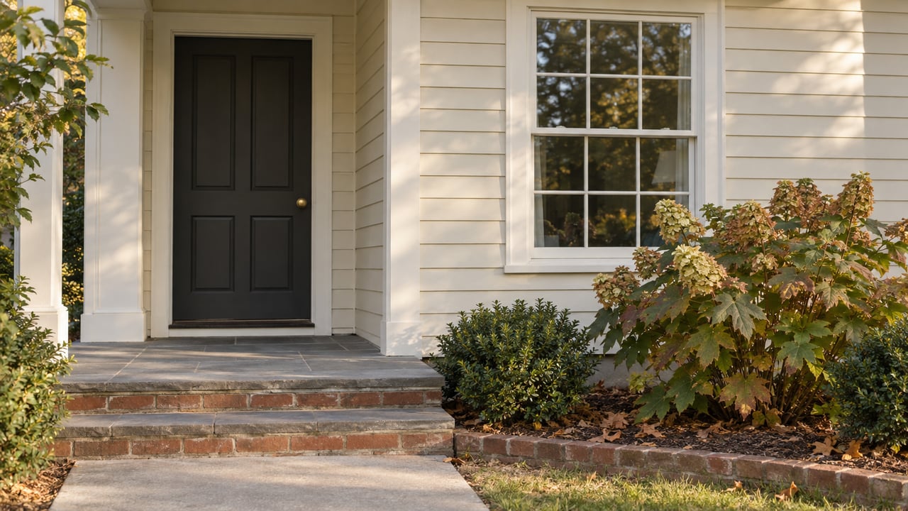 Ivory clapboard house entry with a charcoal door, white six-over-six window, brick steps, and hydrangea.