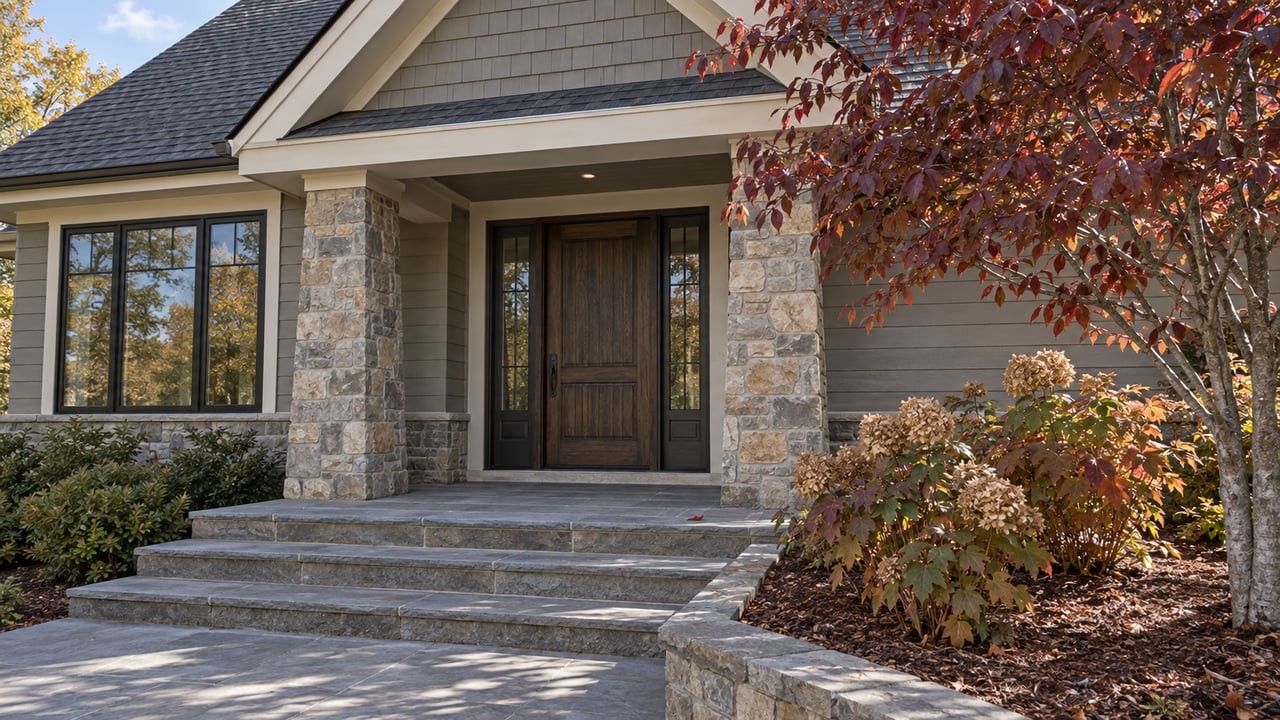 Stone-framed front entry with taupe siding, bluestone steps and a dogwood showing burgundy fall leaves.