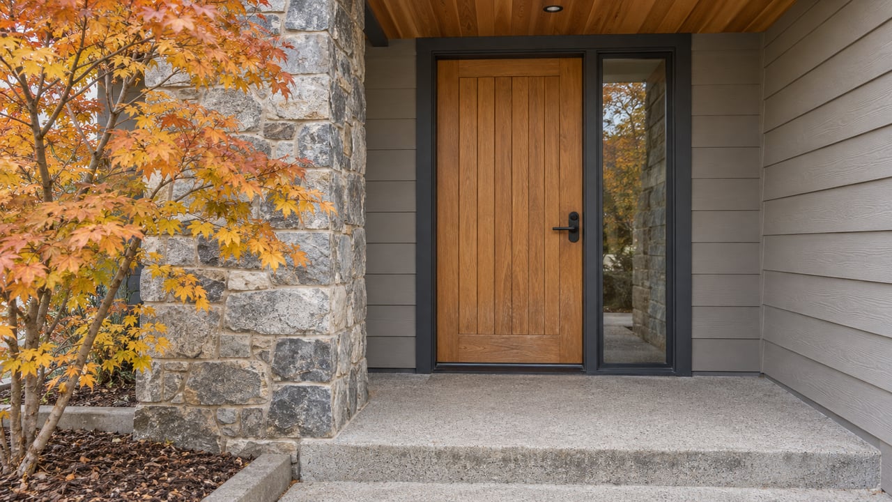 Sheltered home entry with an oak door, narrow glazed sidelight, gray stone pier and copper-yellow maple leaves.