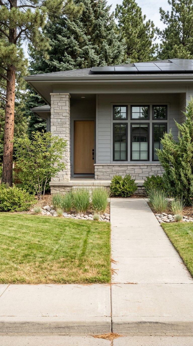 Home with stone porch column, divided-light windows, solar panels, and lawn edged by ornamental grasses.