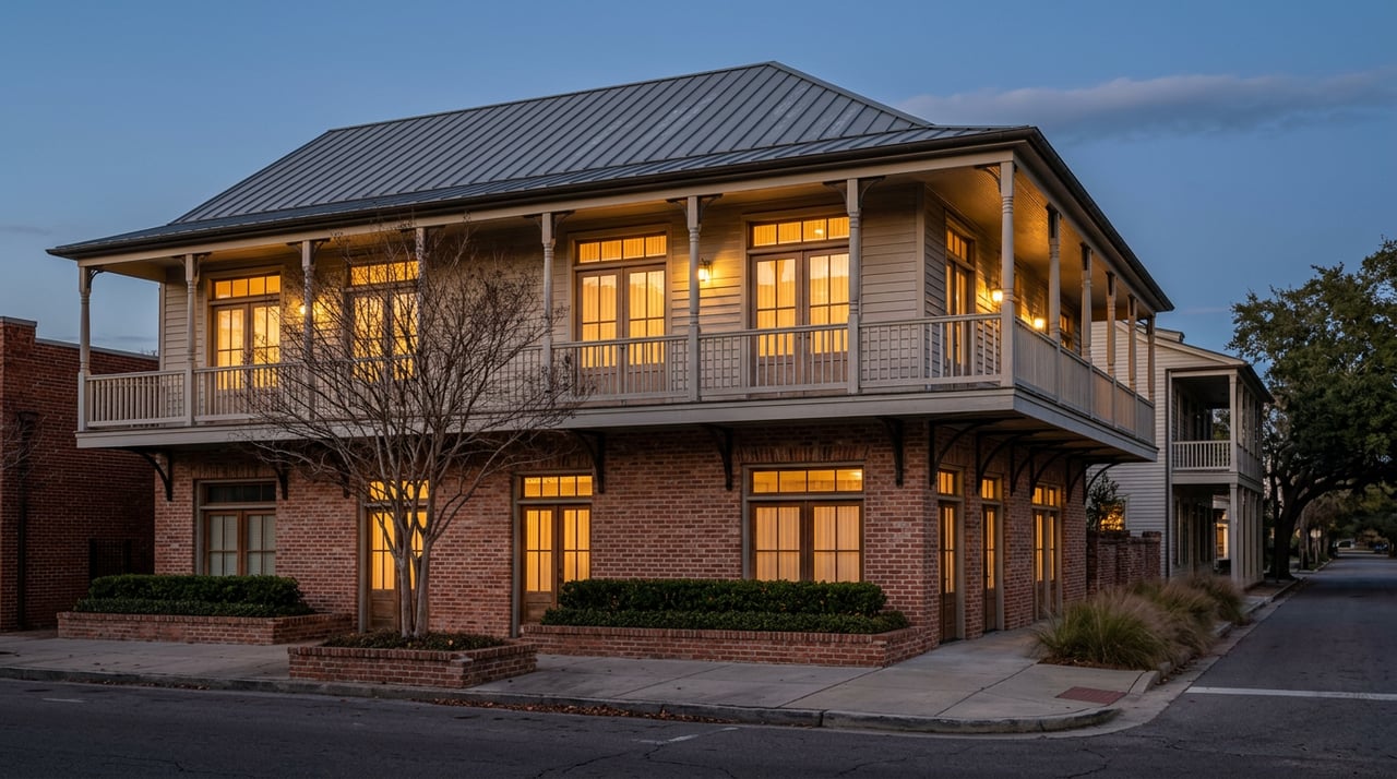 Two-story brick corner building with a wooden gallery and warm glowing windows beneath a blue dusk sky.