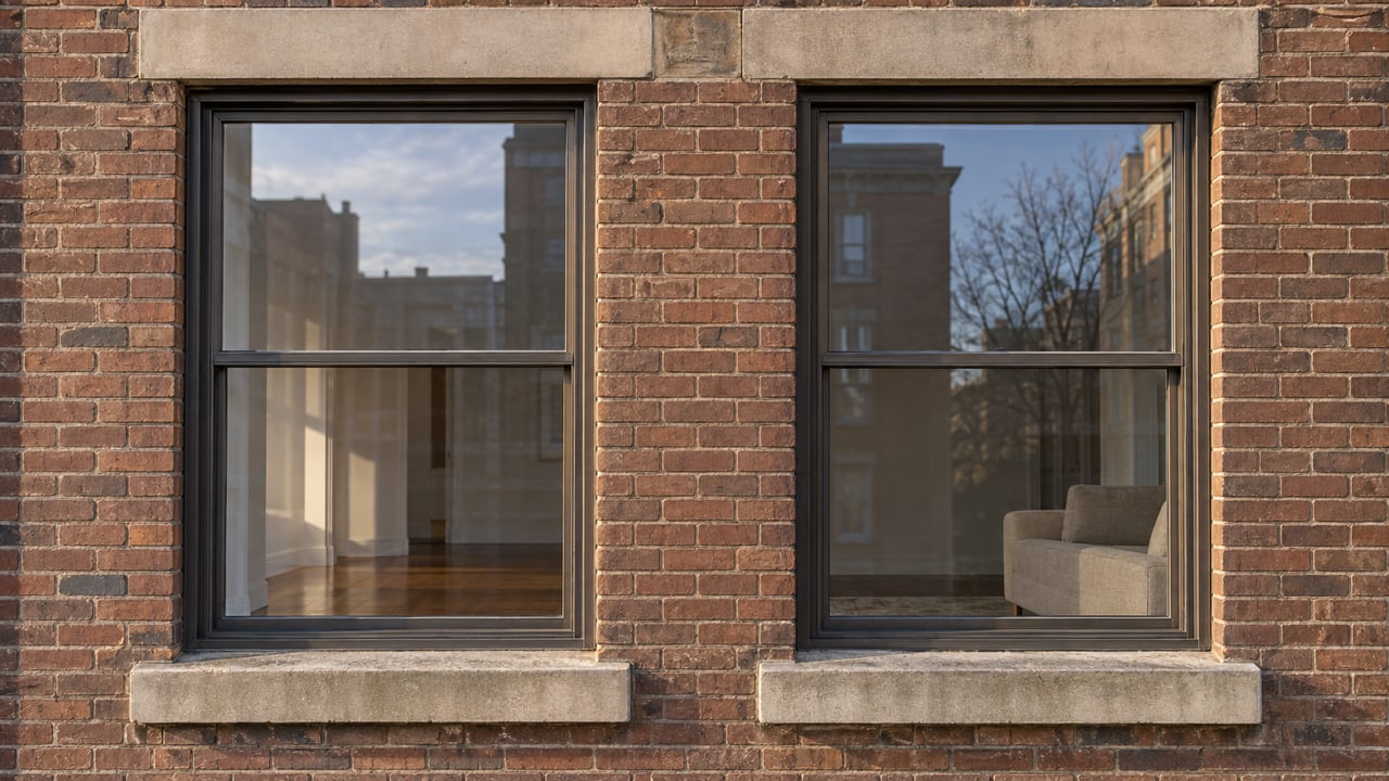 Two bronze-framed condo windows set in weathered russet brick with buff limestone lintels and sills, softly lit by afternoon sun.