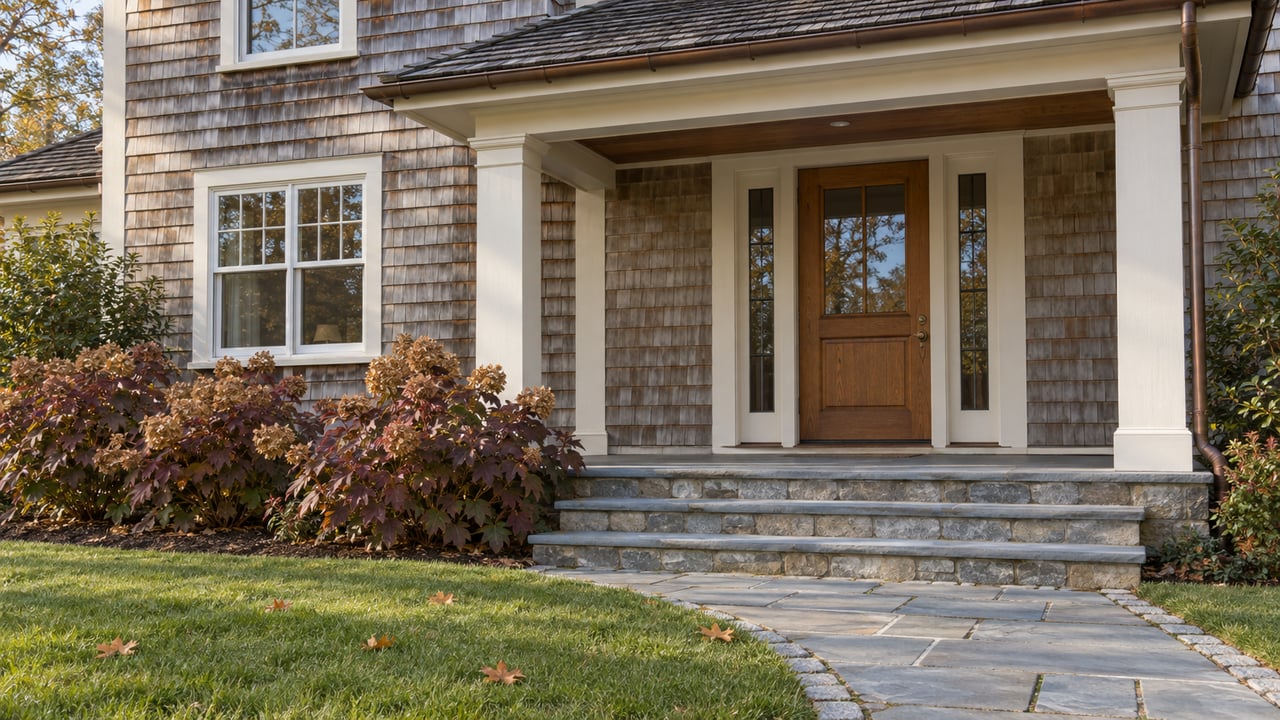 Weathered cedar-shingle home with a covered bluestone porch, oak front door and burgundy oakleaf hydrangeas beyond a deep lawn.