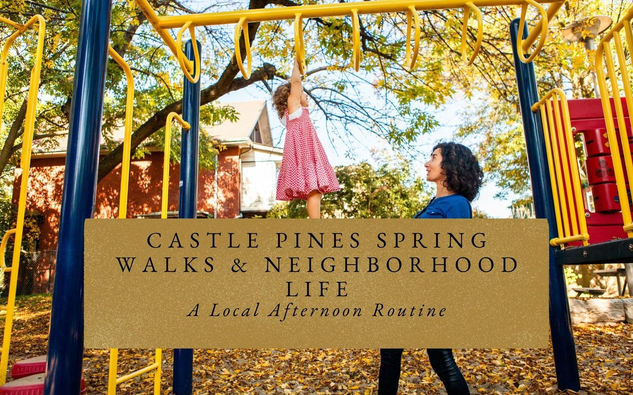 Family strolling Trimble Park in Castle Pines, CO, with kids on playground and spring butterflies in the neighborhood green space.