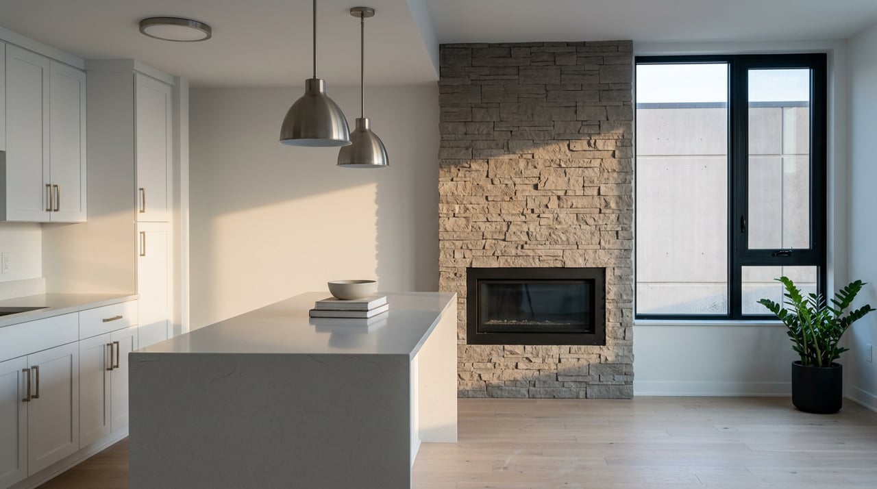 Condo kitchen with a gray quartz island, stone fireplace wall, and window facing a neighboring building.