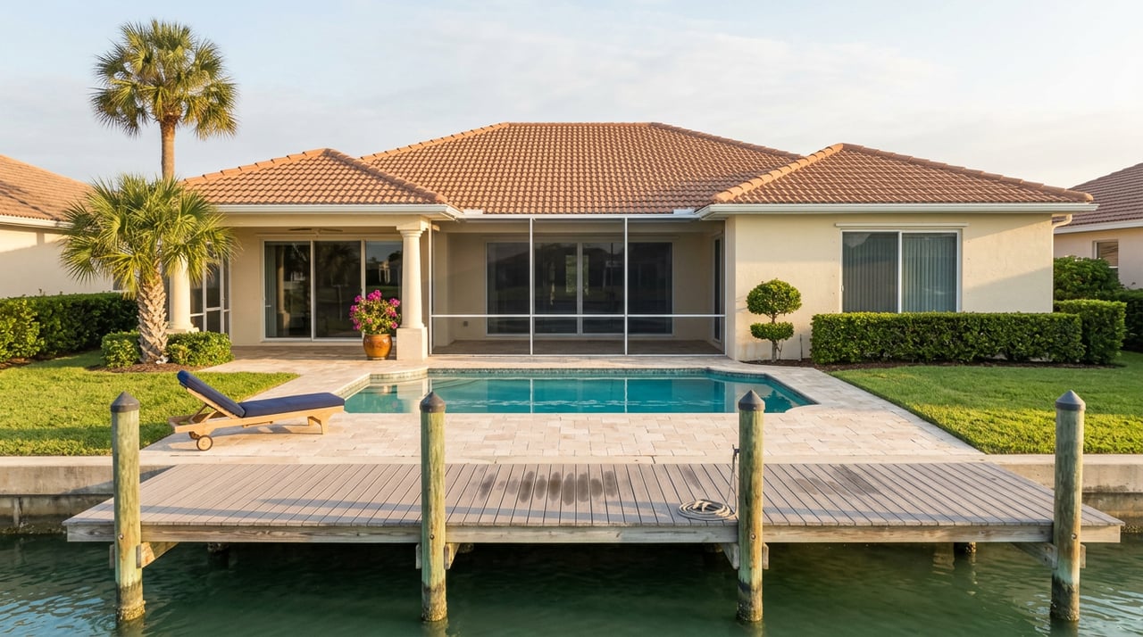 Waterfront home beyond a screened turquoise pool, weathered dock foreground, palmetto beside the lanai.