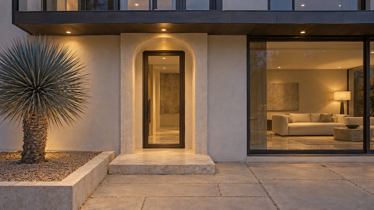 A softly lit contemporary residential entrance with pale plaster, bronze-framed glass, limestone paving and a single blue-gray yucca at dusk.