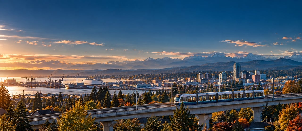 Conceptual Everett Link light rail scene overlooking Everett, Puget Sound and Snohomish County neighborhoods at sunset
