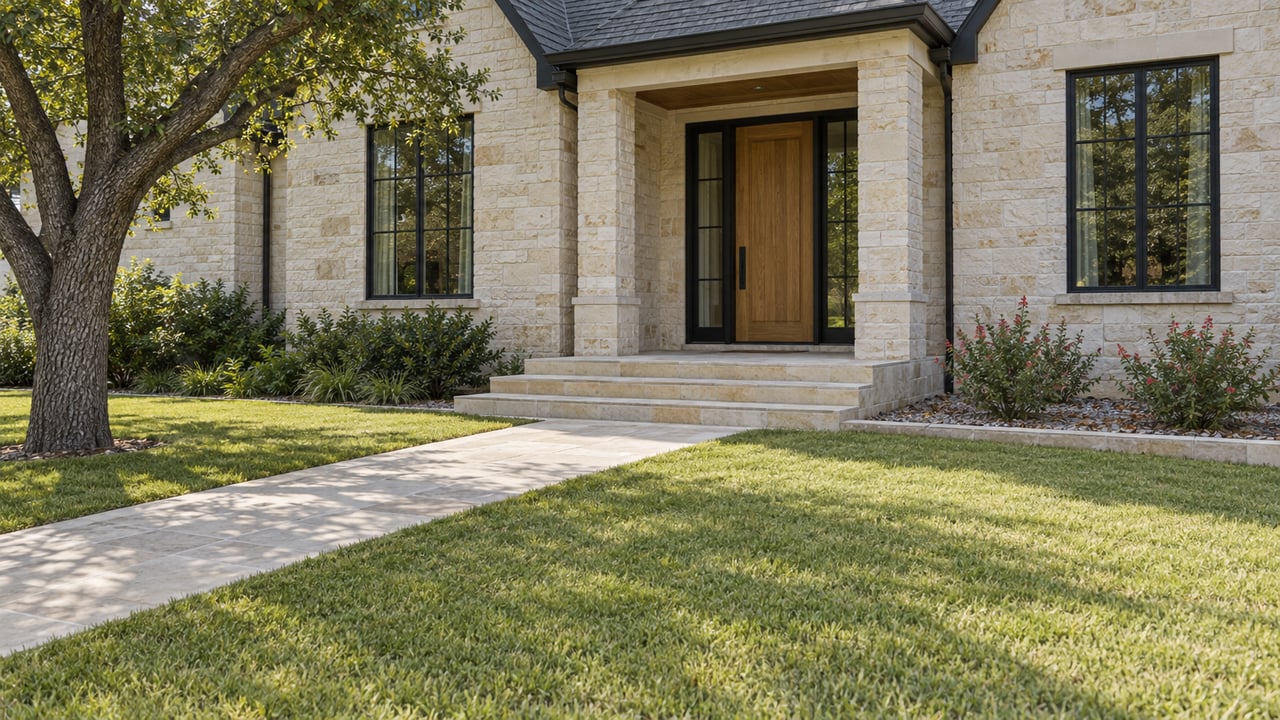 Limestone home with a recessed oak entry, black-framed windows, and a stone walk across a broad lawn beneath a spreading oak.