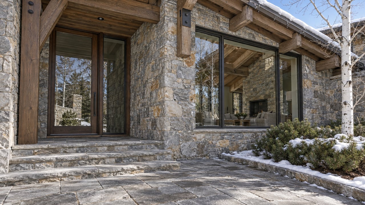 Snow-edged stone steps lead to a timber and quartzite home entrance beside a large bronze-framed window and a bare white-barked tree.